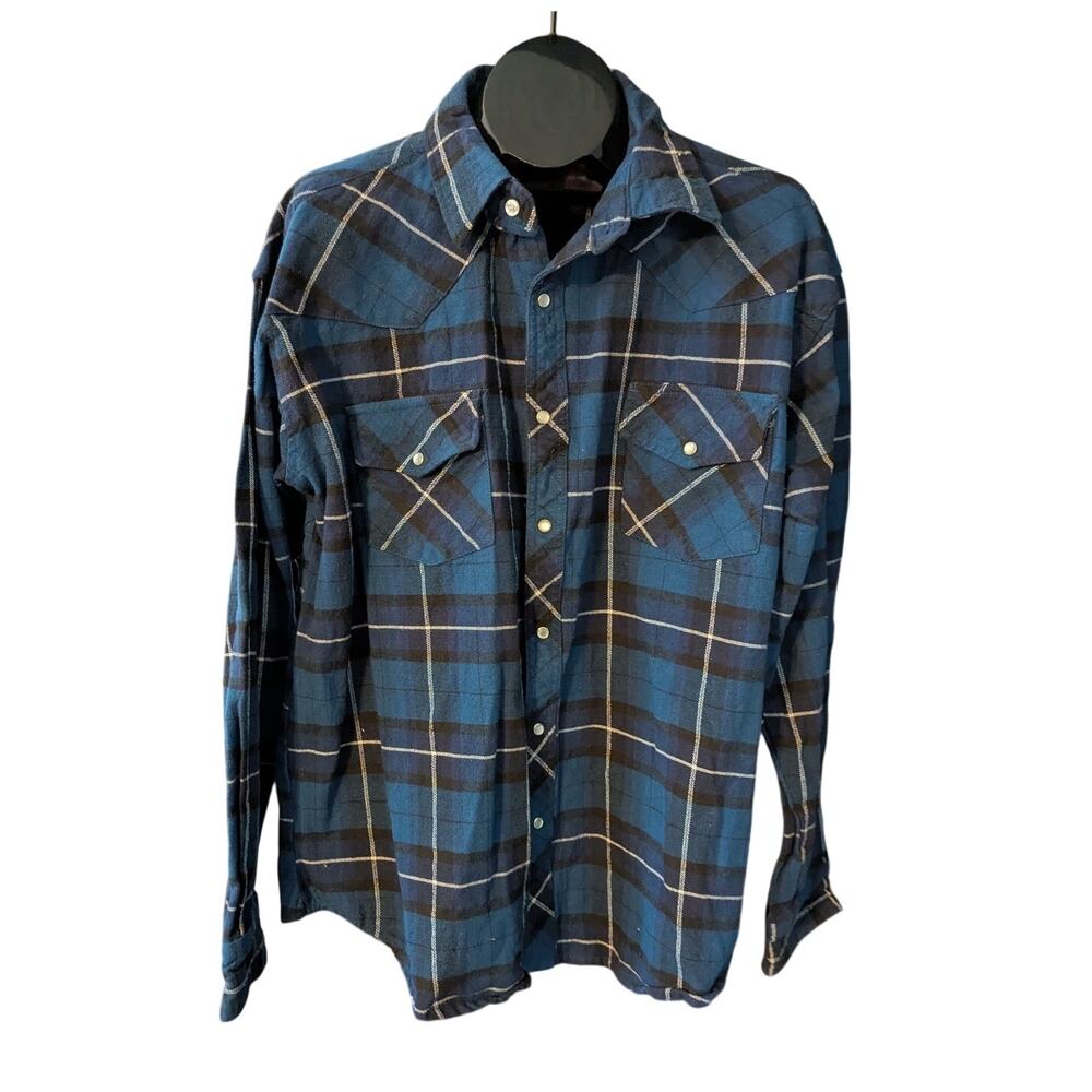Heavyweight Western Pearl Snap Flannel Shirt Men’s 2XL Blue Plaid Workwear Y2K